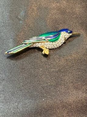 Carol Lee Bird Brooch 3 Inch Rhinestone Enamel Gold Tone Vintage